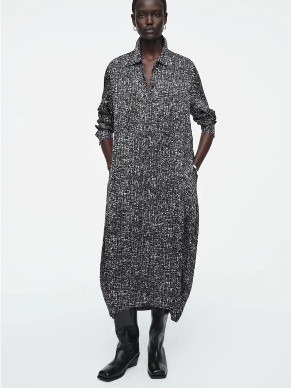 COS Abstract Checked Shirt Dress Black White Button Front Size US 6 Midi Length